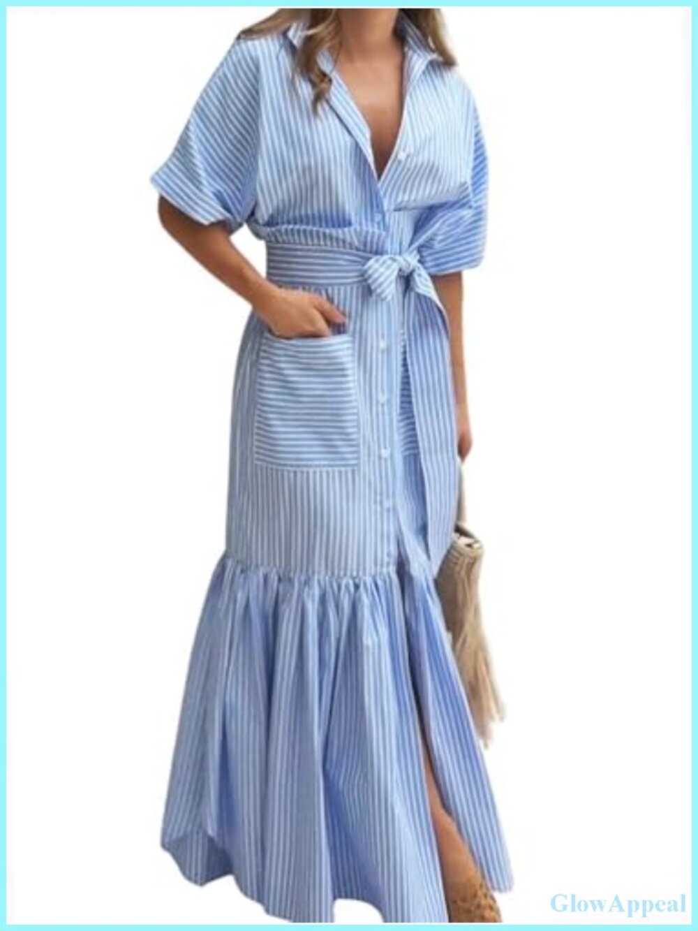 Striped Button Down Maxi Dress with Pockets Tie Waist Short Sleeve Shirt Dress - Picture 1 of 6